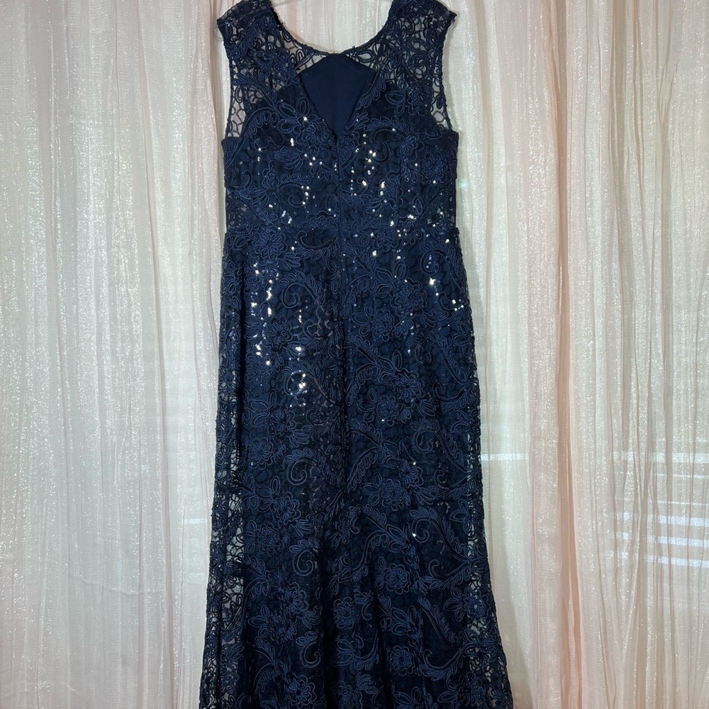 SLNY Navy Dress with Lace Accents